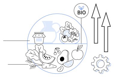 Fresh fruits, vegetables, jam jar in focus with bio label, arrows, and gear. Ideal for health, sustainability, farming innovation eco-friendly trends growth green products. Simple flat metaphor