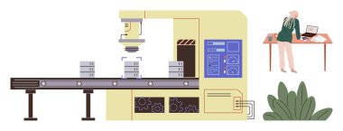 Assembly line with robotic arm stacking boxes, monitored by worker using a computer. Ideal for automation, manufacturing, industry 4.0, robotics, efficiency technology sustainability. Simple flat