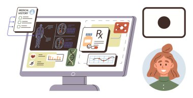 Computer screen with medical data, patient records, diagnostics, and prescriptions. Female user avatar. Ideal for healthcare, technology, telemedicine, analytics patient care diagnostics simple
