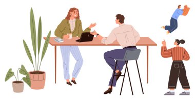 Two colleagues engaged in conversation at a table, with plants and objects nearby. Others collaborating, giving feedback, brainstorming. Ideal for teamwork, collaboration, creativity, interaction
