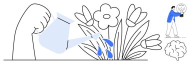 Hand watering blooming flowers, person holding glowing light bulb, brain icon. Ideal for creativity, growth, innovation, teamwork, problem-solving nurturing ideas motivation. Simple flat metaphor