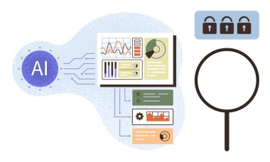AI graphics, analytics on screen, magnifying glass, security locks. Ideal for AI, technology, data security, digital analysis information systems innovation. Simple flat metaphor