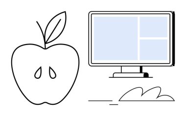 Masaüstü ekranının yanında yapraklı elma ana hatları soyut elementlerle çevrili bölümleri gösteriyor. Sağlık, eğitim, gıda ve teknoloji, denge, üretkenlik, beslenme ve yenilik için ideal