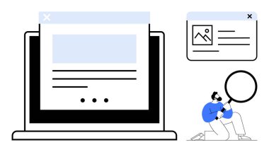 Bilgisayarda web sitesi düzeni, resimli açılır pencere ve büyüteç tutan kişi. Analiz, araştırma, SEO, kullanılabilirlik, çevrimiçi eğitim, web geliştirme dijital pazarlama için ideal