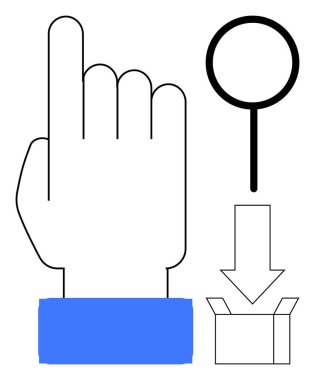 Mavi manşetli işaret parmağı, büyüteç, kutuya giren aşağı ok. Soruşturma, seçim, keşif, yön ve organizasyon için ideal. Basit düz metafor
