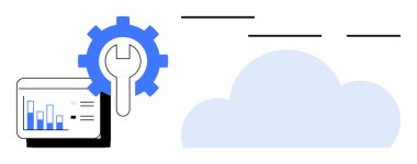 Vites ve anahtar analitik gösterge paneli ve bulut yakınlarındaki sistem yapılandırmasını temsil ediyor, bütünleşmeyi, optimizasyonu ve yeniliği sembolize ediyor. Teknoloji, bulut hesaplama, analitik ve veri için ideal