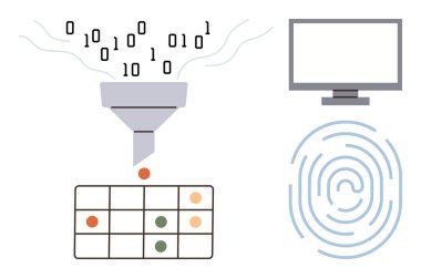 Huniden geçerek ızgaraya giden ikili kod, parmak izi izi ve bilgisayar monitörü. Veri analizi, siber güvenlik, makine öğrenme, kimlik doğrulama, görselleştirme, teknoloji için ideal