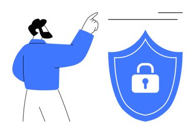 Siber güvenliği sembolize eden kilit ikonlu bir kalkana doğru hareket eden kişi. Temalar için idealdir gizlilik, güvenlik, güvenlik, güvenli veriler, çevrimiçi koruma, şifreleme, güven ve uyum. Basit.