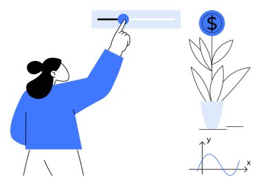 Kadın, dolar yetiştiren bitki ve grafiğin yakınındaki kaydırma makinesiyle etkileşim halinde. Finans, yatırım, büyüme, yenilik, ekonomi, karar verme konuları ve strateji için idealdir. Minimalist düz metafor