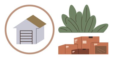 Kapalı garaj kapısı olan bir depo, karton kutular ve düz minimalist bir düzende yapraklı bitkiler. Lojistik, organizasyon, envanter, depolama çözümleri, nakliyat, sürdürülebilirlik için ideal