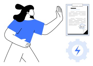 Kadın figürü, elinde teçhizat ve yıldırım simgesi olan imzalı bir belgeye doğru duruyor. Temalar için ideal başparmak reddetme, müzakere, karar verme, risk yönetimi, hukuki farkındalık