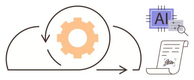 Otomasyonu simgeleyen teçhizatlı bulut, yapay zeka mikroçipi ve imzalı belge. Teknoloji, iş akışı, yapay zeka, otomasyon, dijital yenilik bulut çözümleri için idealdir. Basit düz metafor
