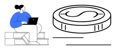 Dizüstü bilgisayarla yazı dizüstü bilgisayar kullanan bir kadın, eğitimi temsil eden, çevrimiçi öğrenim, finansal planlama. Bilgi, yatırım, araştırma, uzaktan çalışma, e-ticaret finansmanı için ideal
