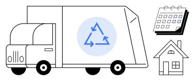 Geri dönüşüm logosu, takvim takvimi ve ev ikonu atık yönetimi, çevre dostu yaşam ve geri dönüşüm girişimlerini yansıtıyor. Sürdürülebilirlik, lojistik, zamanlama ve atık için ideal