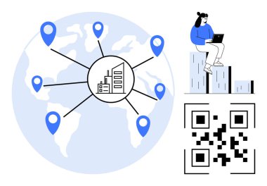 Konum lobutları, merkezi iş simgesi, QR kodu ve laptop üzerinde çalışan kişi küresel erişimi, teknolojik entegrasyonu ve dijital çözümleri vurguluyor. Küreselleşme, teknoloji ve iş için ideal