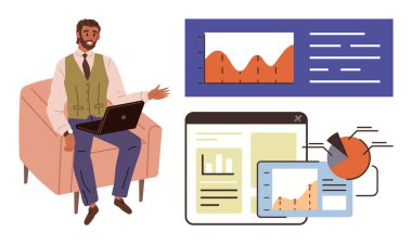 Dizüstü bilgisayarı olan adam analitik çizelgelere, raporlara ve veri görselleştirmelerine bakıyor. Veri analizi, iş stratejisi, takım çalışması, sunumlar, piyasa araştırmaları, uzaktan çalışma için ideal