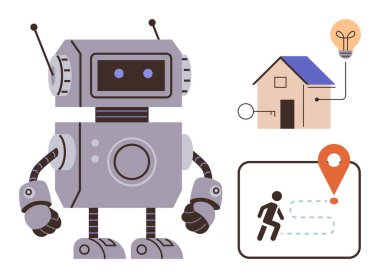 Güneş paneli, enerji, otomasyon ve güvenlik gibi önemli fikirleri olan akıllı bir evin çizimlerinin yanında duran robot. Navigasyon yolu ve konum şifresini içerir. Teknoloji ve yenilik için ideal