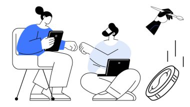 İki birey, yaratıcı araçlar ve düşen paralarla çevrili dijital cihazlar kullanarak fikir alışverişinde bulunuyor. Takım çalışması, beyin fırtınası, üretkenlik, yenilik, iletişim, yaratıcılık için ideal