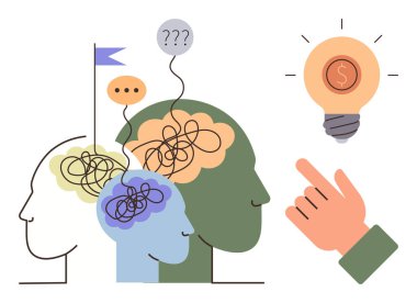 Karışık düşünceleri olan soyut insan kafaları, soru işaretleri ve bozuk parayla yanan bir ampule doğru ilerleyen konuşma balonu. Yaratıcılık, beyin fırtınası, çözüm bulma, yenilik ve iletişim için ideal