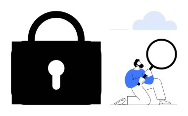 Large lock representing security and privacy person examining it with magnifying glass. Ideal for cybersecurity, data protection, privacy, user safety, investigation, analysis, simple flat metaphor