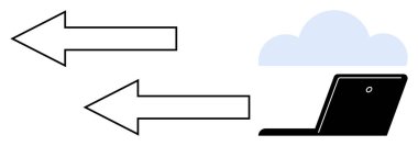 Two arrows pointing in opposite directions signifying data transfer between a cloud icon and a laptop. Ideal for themes of cloud computing, data management, file sharing, remote access