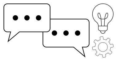 Speech bubbles representing communication, light bulb symbolizing ideas, and gear reflecting process. Ideal for teamwork, brainstorming, creativity, collaboration, innovation, strategy and workflow