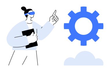 Person wearing augmented reality glasses holding a tablet, pointing at gear icon above cloud. Ideal for innovation, technology, automation, development, progress, teamwork, digital transformation