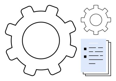 Large and small gears next to organized documents emphasize teamwork, process efficiency, and structured planning. Ideal for automation, workflow, project management, development, productivity