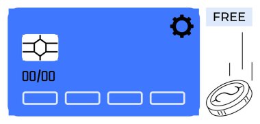 Blue payment card with chip, cogwheel for settings, and a falling coin symbol with Free text. Ideal for banking, fintech, savings, shopping, digital wallets, subscriptions simple flat metaphor