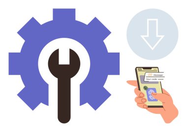 El, kod doğrulama için akıllı telefon, ingiliz anahtarlı büyük teçhizat, aşağı ok. Siber güvenlik, yazılım kurulumu, teknoloji, koruma, yapılandırma, mobil kullanım için ideal basit düz metafor