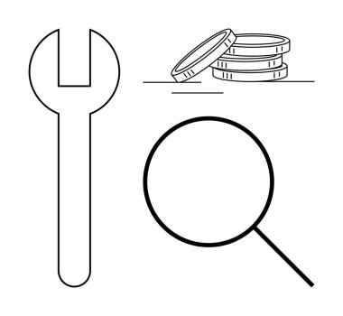 Wrench, magnifying glass, and coins representing financial growth, analysis, and tools for development. Ideal for business, finance, problem-solving, research investment budgeting simple flat
