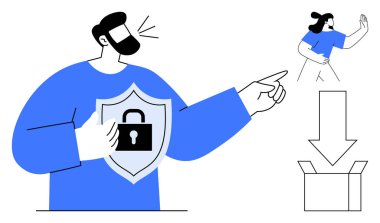 Person holding shield with lock symbol and pointing to box with arrow, representing data security. Smaller figure interacting. Ideal for cybersecurity, privacy, protection, storage, compliance