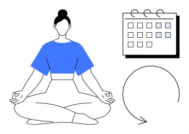 Woman in lotus pose meditating next to a calendar with repetitive cycle arrow. Ideal for mindfulness, self-care, habit tracking, time management, personal growth, productivity, simple flat metaphor