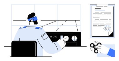 Pilot in uniform managing cockpit controls, reviewing a document on clipboard, spinning a gadget. Ideal for teamwork, aviation, responsibility, focus, multitasking, professionalism flat concept