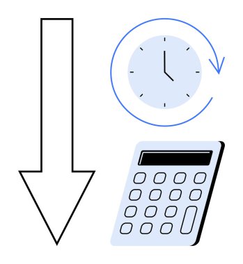 Downward arrow, clock with rotating arrow, calculator represent saving time and cost. Ideal for finance, productivity, efficiency, time management, budgeting optimization workflow. Simple flat