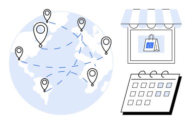 Location markers connected across globe, a storefront with shopping bag, and a calendar. Ideal for e-commerce, logistics, planning, scheduling, global trade, supply chain simple flat metaphor
