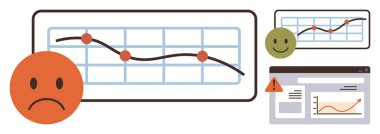 Graph with declining trendline, happy and sad face indicators, warning triangle, and data interface. Ideal for data analytics, business performance, evaluation, metrics, dashboard visuals reporting