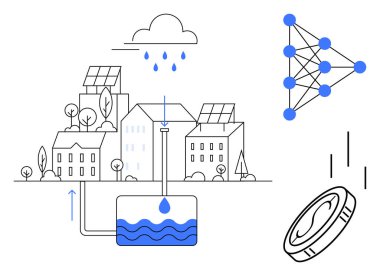 Urban scene with solar rooftops, rainwater harvesting system, blockchain web, and digital token. Ideal for sustainability, environmental, renewable energy, water conservation, smart technology