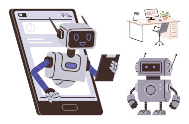 Robots engaging digitally via smartphone and performing tasks in an office. Ideal for AI, automation, robotics, telecommunication, future technology, workplace innovation, digital collaboration