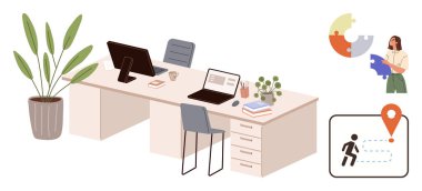 Desk with two computers, chairs, potted plants, books, a woman holding puzzle pieces, and a map icon with a person. Ideal for workspace, productivity, team collaboration creativity planning