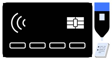 Black chip-enabled contactless card, stylized pen, and paper document. Ideal for digital payment, banking, fintech, e-commerce, transaction security, paperless processes and simple flat metaphor