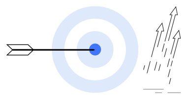 Arrow hitting target center with multiple upward arrows indicating achievement, precision, and goals. Ideal for success, focus, growth, strategy, motivation, productivity vision simple flat metaphor