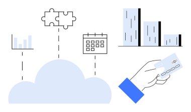 Cloud connects data chart, puzzle pieces, calendar, payment card, and bar graph. Ideal for teamwork, online payments, scheduling, analytics planning problem-solving and digital tools with simple