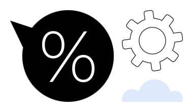 Black speech bubble with percentage symbol, outlined gear, and light blue cloud. Ideal for finance, automation, technology, cloud computing, data analysis communication and planning. Simple flat