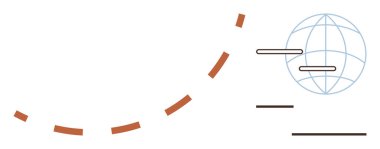 Abstract orange dashed lines connecting to a globe outline with dark horizontal bars. Ideal for global reach, data exchange, connectivity, international business, networking, technology, simple flat