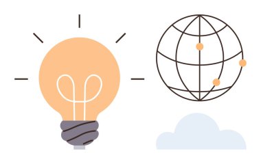 Lightbulb with light rays, network globe with connection points, and cloud. Ideal for innovation, creativity, global communication, technology, sustainability, knowledge sharing modern concepts