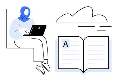 Woman sitting with a laptop, open book with text and cloud above. Ideal for education, remote learning, productivity, creativity, digital connection, reading mindfulness. Simple flat metaphor