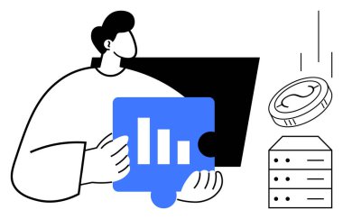 Person holding bar chart puzzle piece near computer, coin, server. Ideal for data analysis, management, finance, strategy, problem-solving technology collaboration. Simple flat metaphor