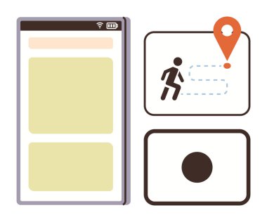 User interface showing smartphone screen, route tracking icon with person, dotted path, destination pin, and black circle. Ideal for navigation, maps, journey, delivery GPS mobility simple flat