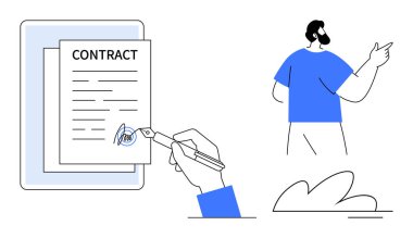 Hand signing a contract using a pen, person gesturing in the background, clean lines and minimal colors. Ideal for agreement, deal, negotiation, partnership, signature business teamwork. A simple